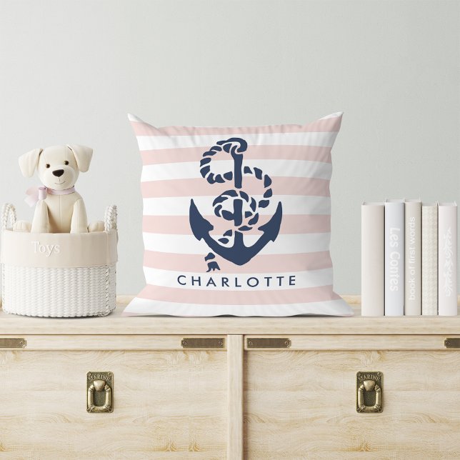 Rope & Anchor Pink Stripe Nautical Personalized Throw Pillow (Creator Uploaded)