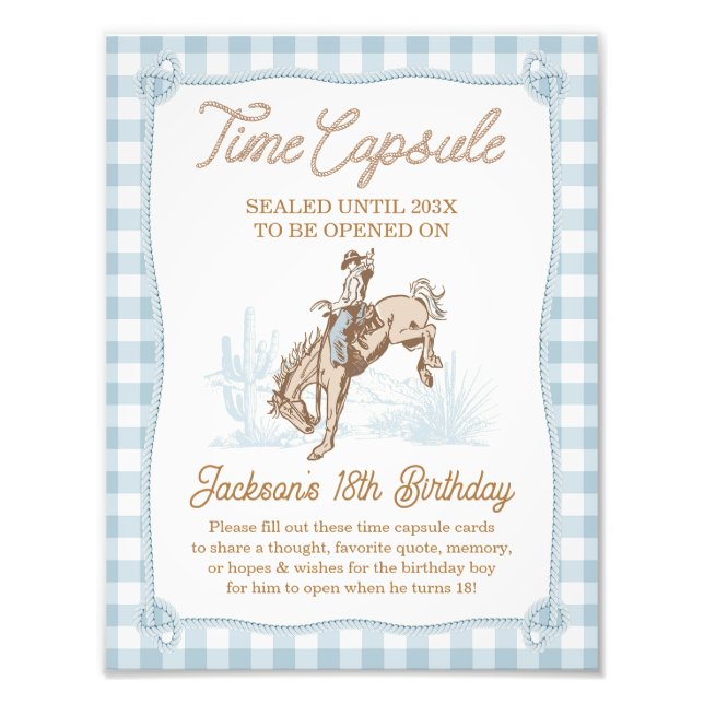 Rope Blue Plaid Cowboy 1st Rodeo Time Capsule Sign (Front)