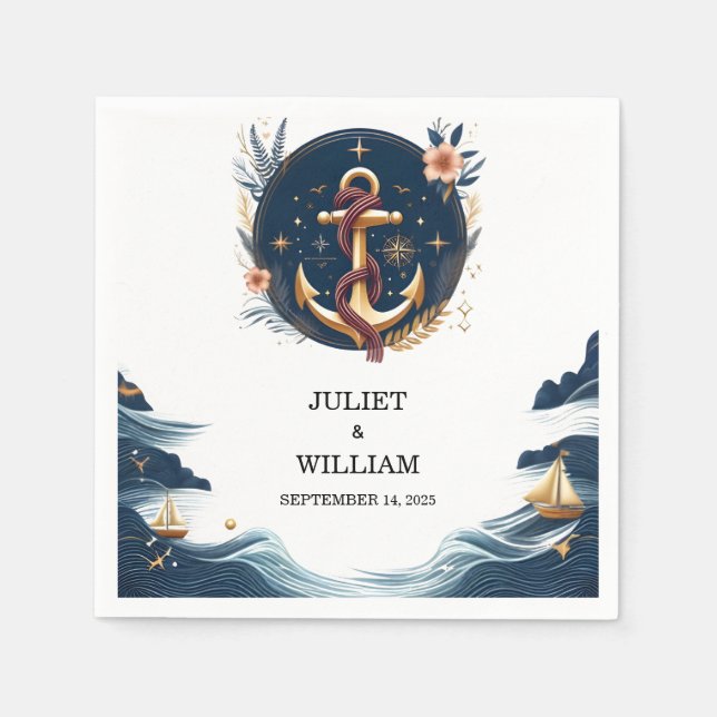 Rope Knot Boat Ship Navy Blue Nautical Wedding Napkins (Front)