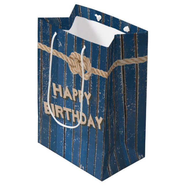 Rope Knot On Blue Barnwood Medium Gift Bag (Front Angled)