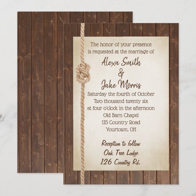 Rope Knot On Wood Wedding Invite (Front/Back)