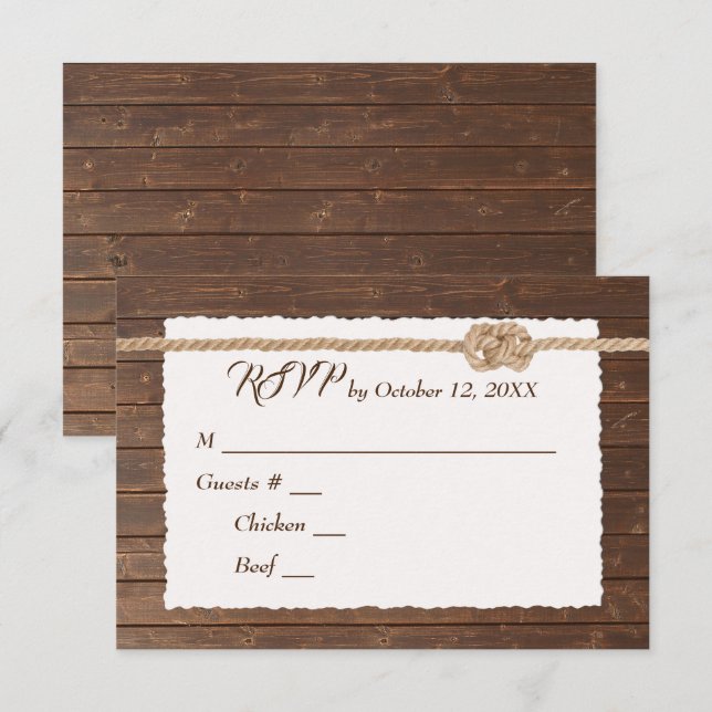 Rope Knot On Wood Wedding RSVP Card (Front/Back)