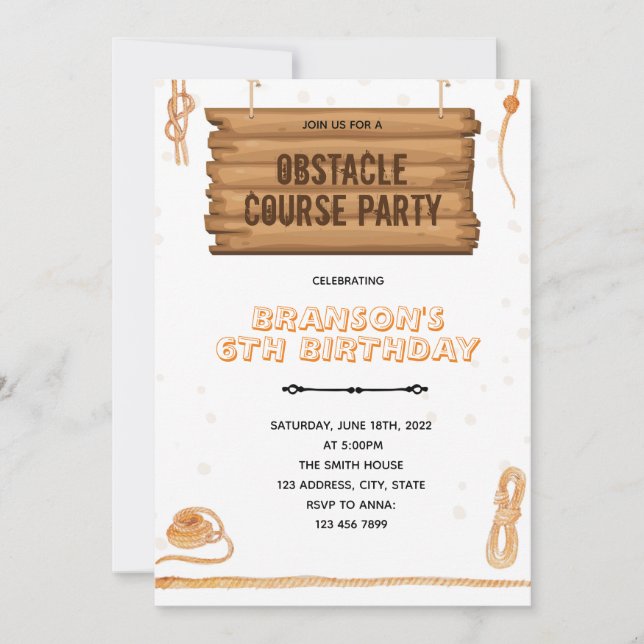 Rope obstacle course party theme invitation (Front)