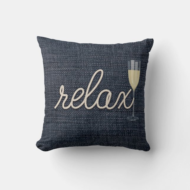 rope "relax" text on blue denim throw pillow (Front)