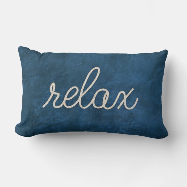 Rope RELAX Text On Blue Leather Lumbar Pillow (Front)