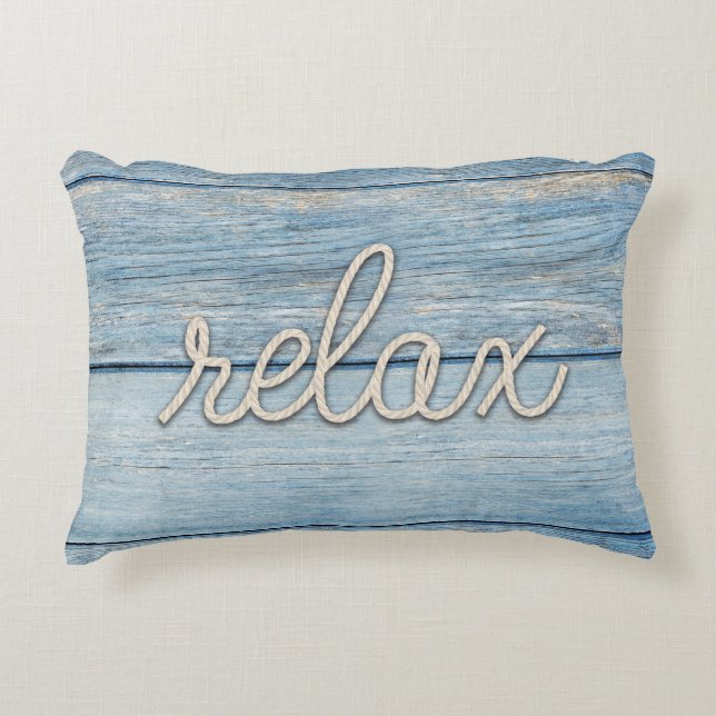 rope "relax" text on blue wood accent pillow (Front)