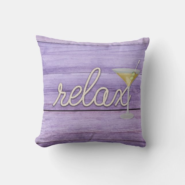 rope "relax" text on purple wood throw pillow (Front)
