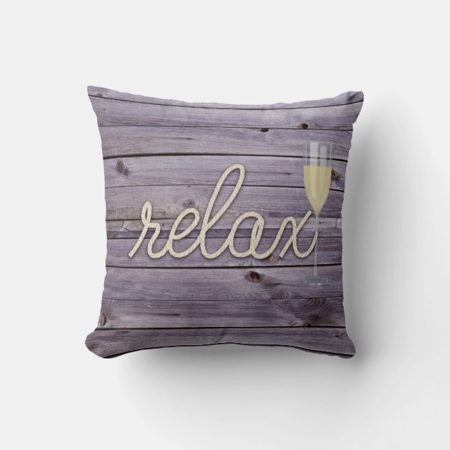 rope "relax" text on purple wood throw pillow (Front)