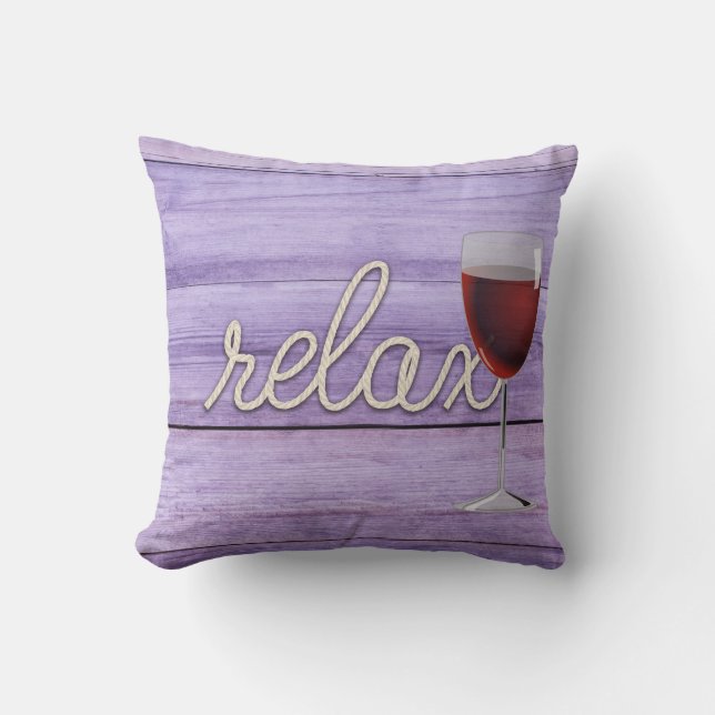 rope "relax" text on purple wood throw pillow (Front)