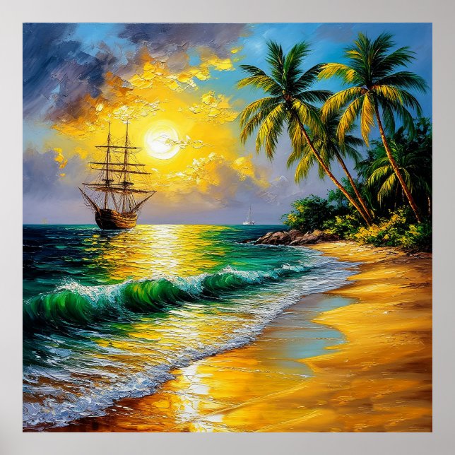 ropical Beach at Sunrise with a Sailing Ship Poster (Front)