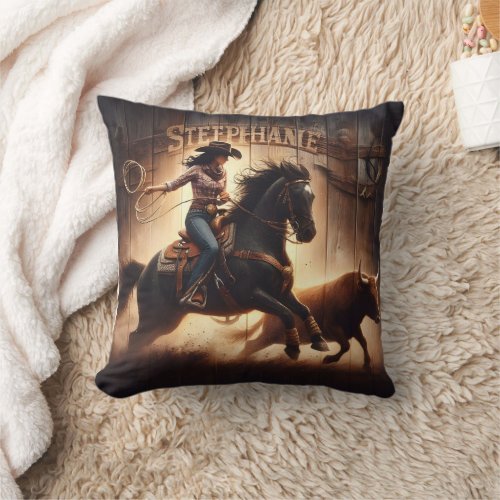 Roping A Bull During Sunset Rodeo Competition Throw Pillow