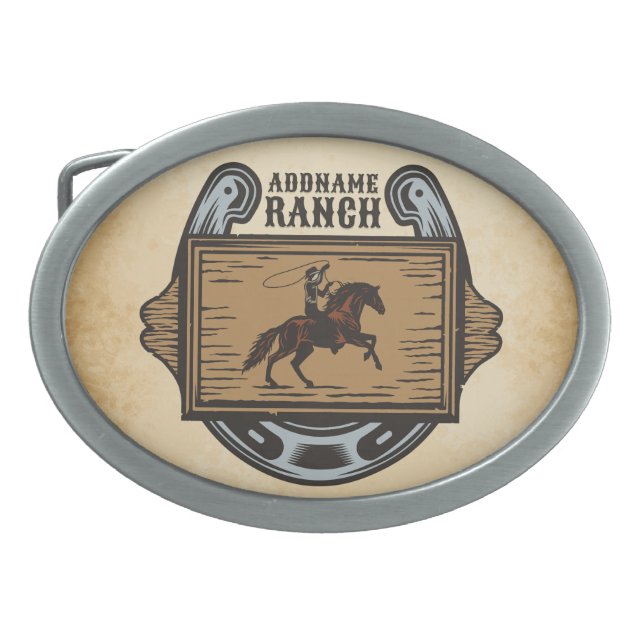 Roping Cowboy ADD NAME Western Family Horse Ranch Belt Buckle (Front)