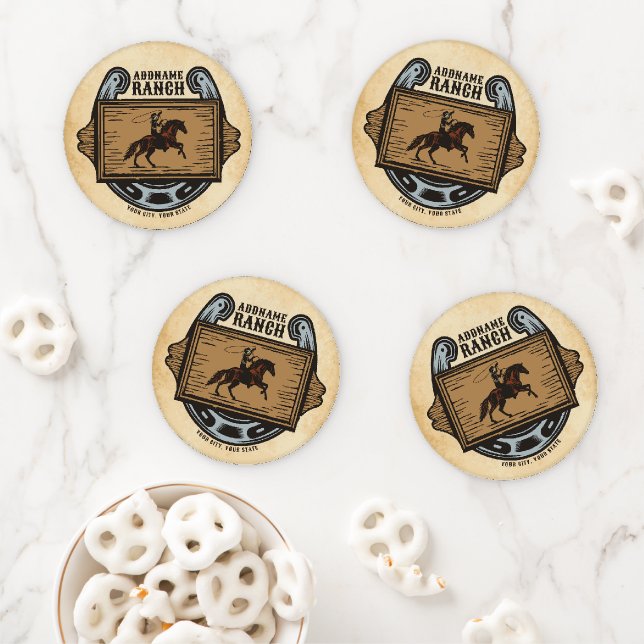 Roping Cowboy ADD NAME Western Family Horse Ranch Coaster Set (In Situ)