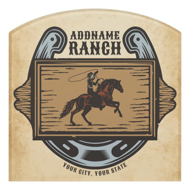Roping Cowboy ADD NAME Western Family Horse Ranch Door Sign (Contour Front)