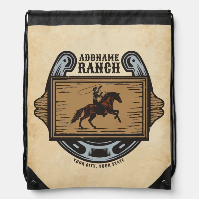 Roping Cowboy ADD NAME Western Family Horse Ranch Drawstring Bag (Front)