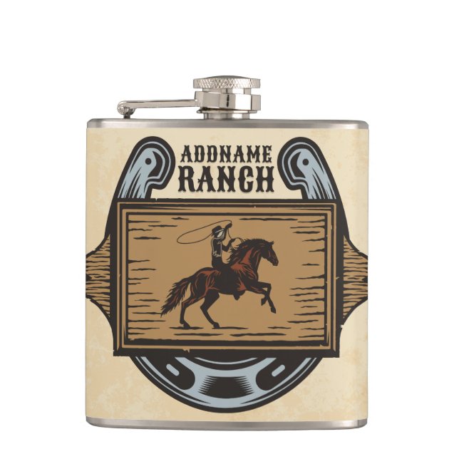 Roping Cowboy ADD NAME Western Family Horse Ranch Flask (Front)