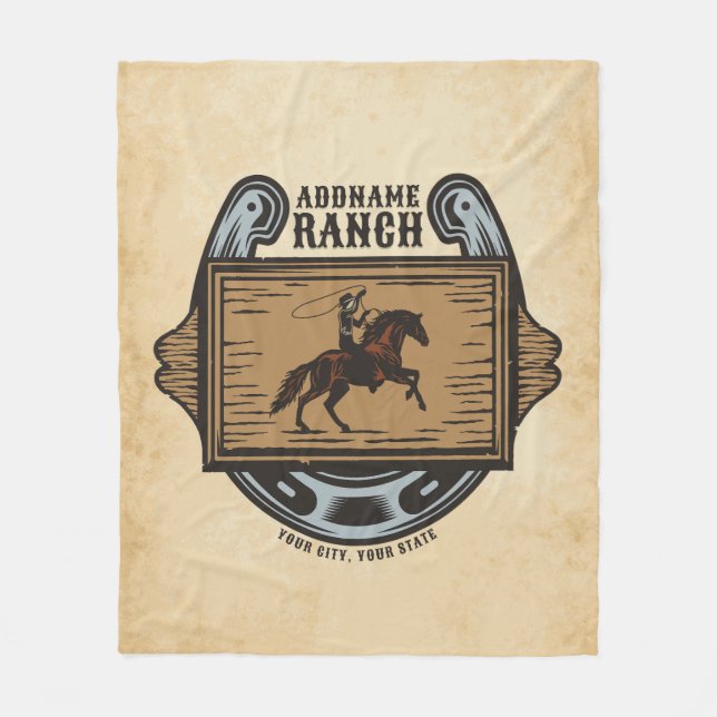 Roping Cowboy ADD NAME Western Family Horse Ranch Fleece Blanket (Front)