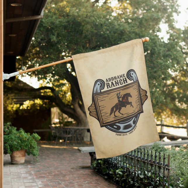 Roping Cowboy ADD NAME Western Family Horse Ranch House Flag (In SItu)