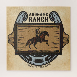 Roping Cowboy ADD NAME Western Family Horse Ranch Jigsaw Puzzle