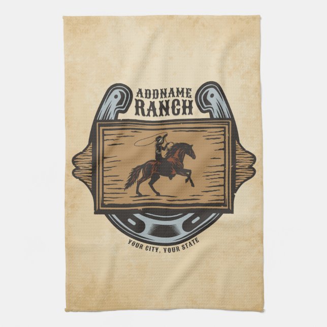 Roping Cowboy ADD NAME Western Family Horse Ranch Kitchen Towel (Vertical)