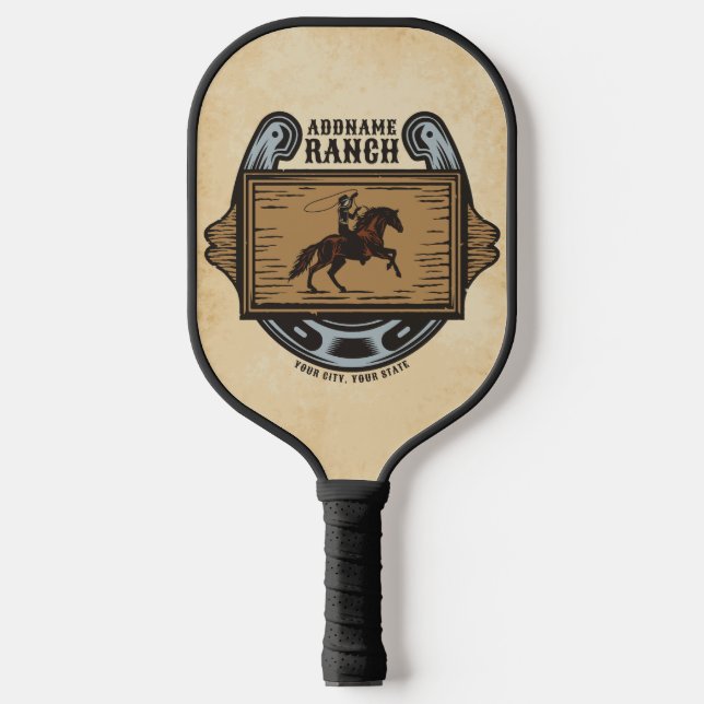 Roping Cowboy ADD NAME Western Family Horse Ranch Pickleball Paddle (Front)