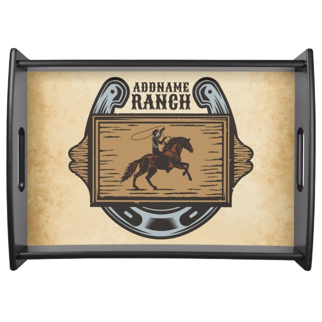 Roping Cowboy ADD NAME Western Family Horse Ranch Serving Tray (Front)