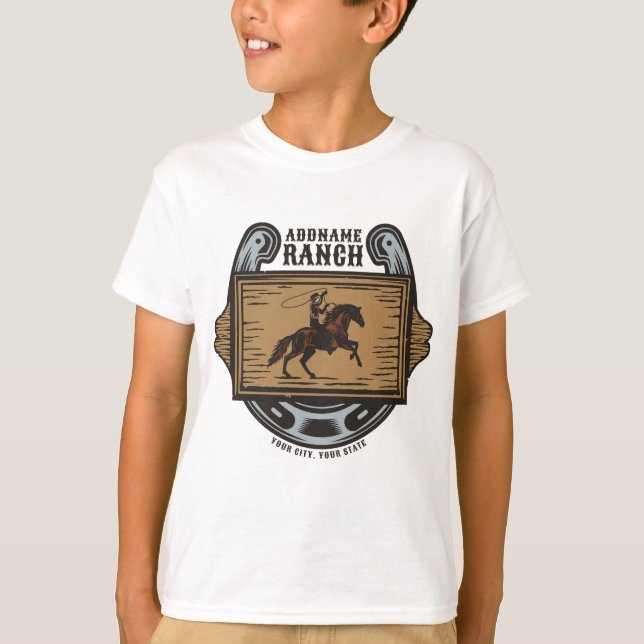 Roping Cowboy ADD NAME Western Family Horse Ranch T-Shirt (Front)