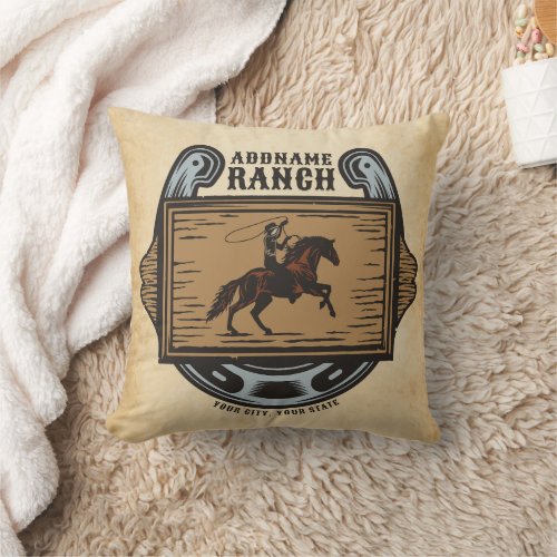 Roping Cowboy ADD NAME Western Family Horse Ranch Throw Pillow
