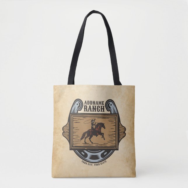 Roping Cowboy ADD NAME Western Family Horse Ranch Tote Bag (Front)
