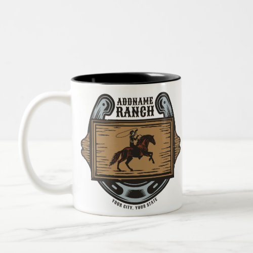 Roping Cowboy ADD NAME Western Family Horse Ranch Two_Tone Coffee Mug