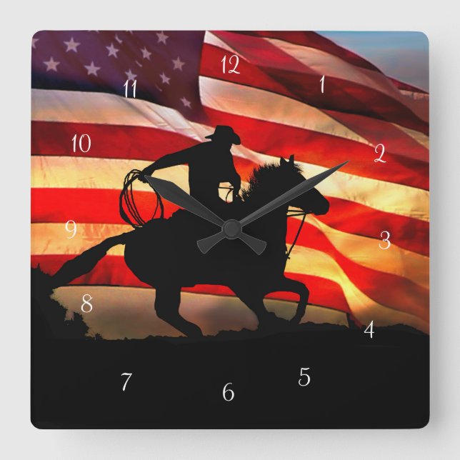 Roping Cowboy and Horse American Flag Square Wall Clock (Front)