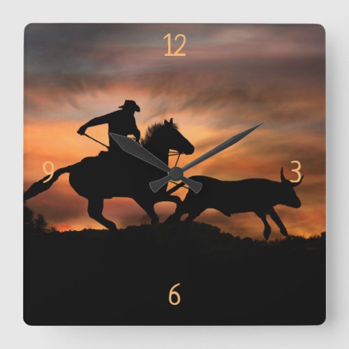 Roping Cowboy Horse and Steer Country Western Square Wall Clock