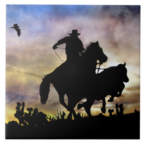 Roping Cowboy with Horse Country Western Desert Ceramic Tile