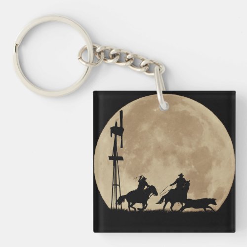 Roping Cowboys with Steer and Windmill and Moon Keychain