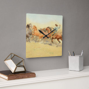 Roping Horses by Maynard Dixon Square Wall Clock