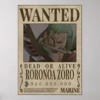 Zoro Bounty Wanted Poster One Piece Art Print by Anime One Piece