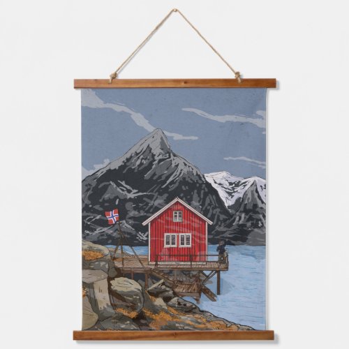 Rorbu Lofoten Bergen Norway Landscape Illustration Hanging Tapestry