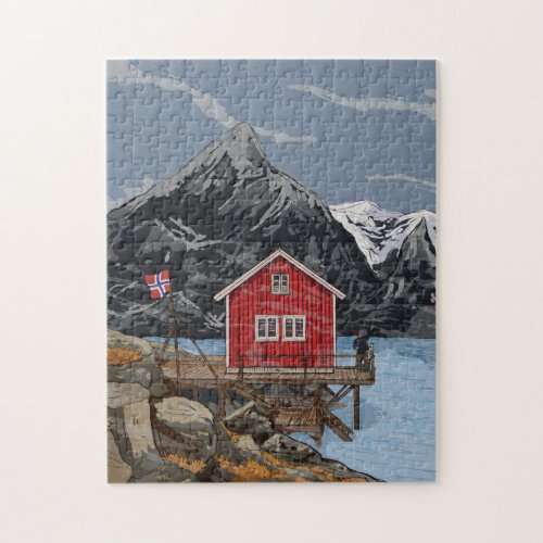 Rorbu Lofoten Bergen Norway Landscape Illustration Jigsaw Puzzle