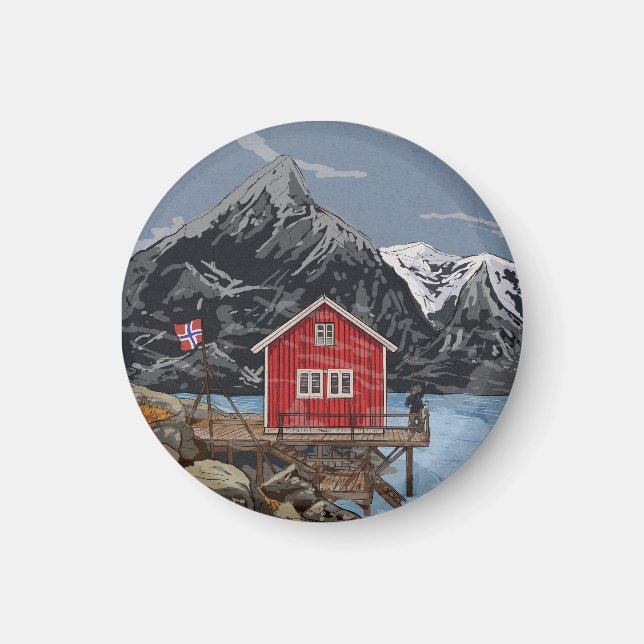 Rorbu Lofoten Bergen Norway Landscape Illustration Magnet (Front)