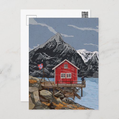 Rorbu Lofoten Bergen Norway Landscape Illustration Postcard