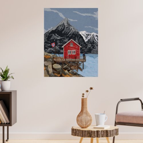 Rorbu Lofoten Bergen Norway Landscape Illustration Poster