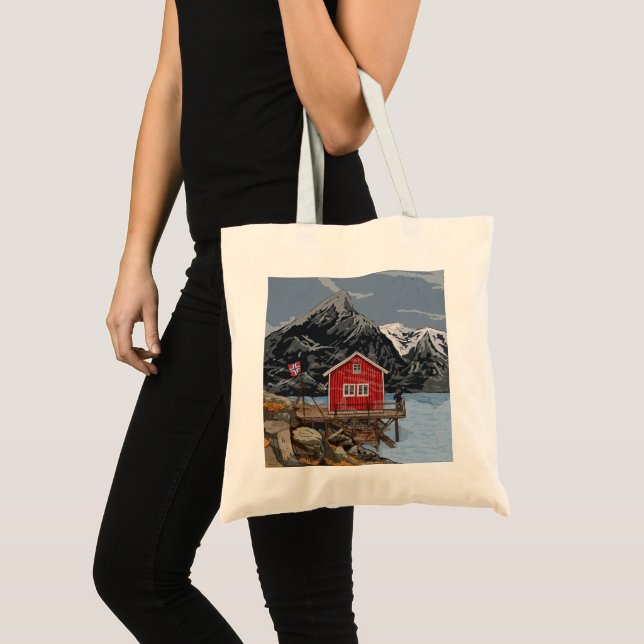 Rorbu Lofoten Bergen Norway Landscape Illustration Tote Bag (Front (Product))