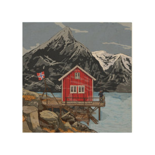 Rorbu Lofoten Bergen Norway Landscape Illustration Wood Wall Art