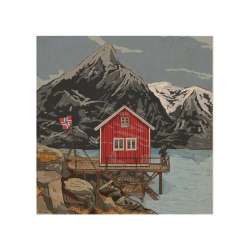 Rorbu Lofoten Bergen Norway Landscape Illustration Wood Wall Art