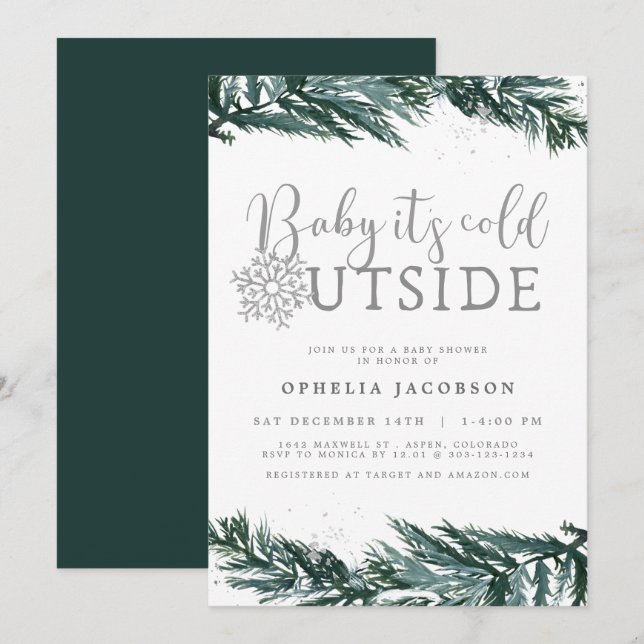 RORY Baby Its Cold Outside Winter Pine Baby Shower Invitation (Front/Back)