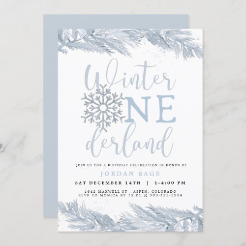 RORY Blue Winter OnderLand Pine 1st Birthday Invitation