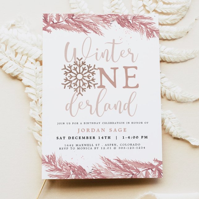 RORY Blush Winter OnderLand Pine 1st Birthday Invitation (Creator Uploaded)