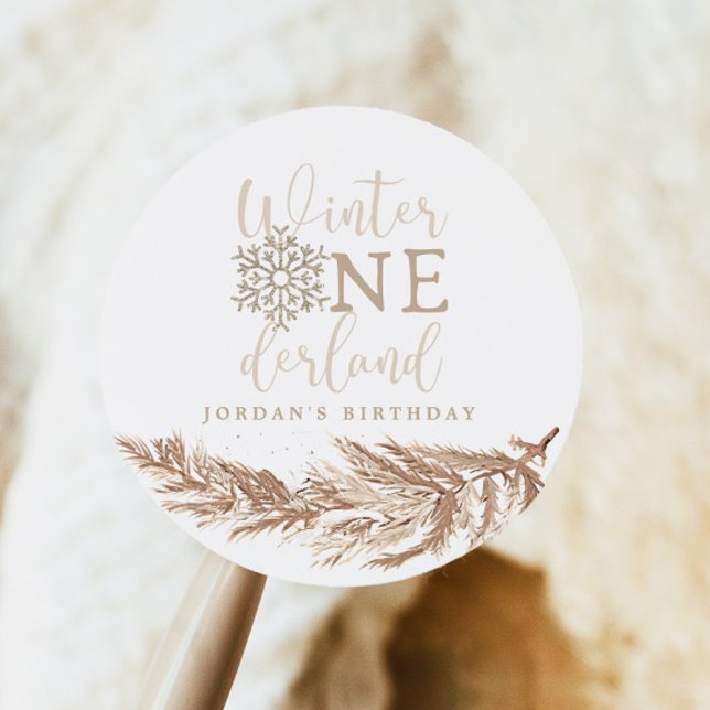 RORY Boho Beige Winter Wonderland First Birthday Classic Round Sticker (Creator Uploaded)