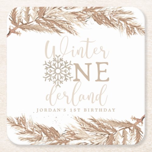 RORY Boho Beige Winter Wonderland First Birthday Square Paper Coaster