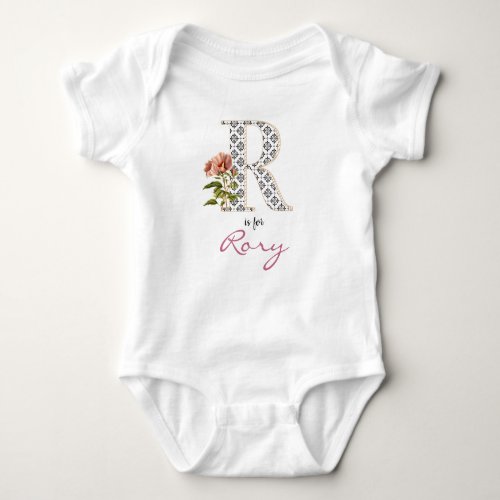 Rory Name Reveal Floral Letter R Vintage Flower Baby Bodysuit